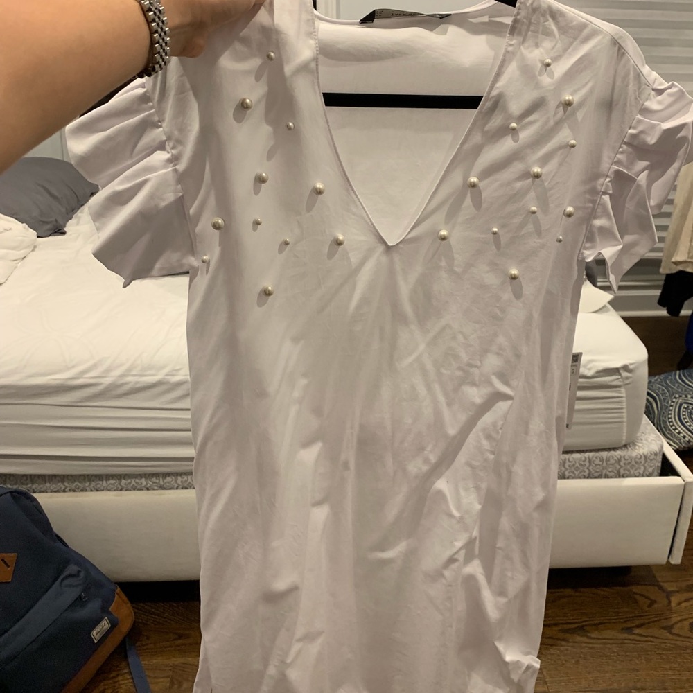 Zara White belted frilled T-shirt Dress with Pearls NWT size medium - Picture 6 of 7